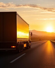 Sunset Over Highway with Truck Silhouetted Against Golden Horizon and Calm Roadscape