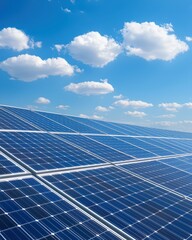 Blue Solar Panel Array Under Bright Sky with Fluffy Clouds Showcasing Renewable Energy Solutions and Sustainable Practices