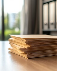 Stacked Yellow Legal Folders on Wooden Table with Natural Light Streaming Through Window in Modern Office Setting