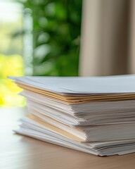 Stack of Unorganized Papers on a Desk with Soft Natural Light and Green Background in an Office Setting