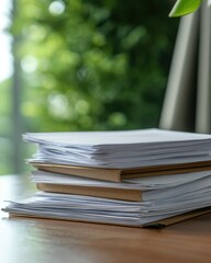 Neatly Stacked Piles of Blank Paper on a Wooden Table Surrounded by Lush Greenery in Bright Natural Light