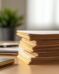 Neatly Stacked Papers with Soft Background and Green Plant on Wooden Desk in Bright Office Setting