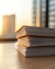 Stacked white documents on wooden desk with sunset glow and cityscape in background creating a warm atmosphere