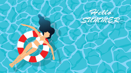 Hello! Summer banner vector illustration, young girl lying on rubber ring floating on water. vector