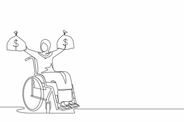 Continuous one line drawing Arab businesswoman holding dollar money bag. Disability insurance benefit payments for disabled wheelchair woman. Protection program. Single line draw design vector graphic