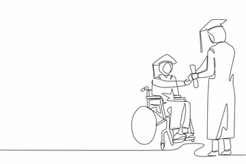 Single one line drawing disabled Arabian woman student receiving graduation from university rector. Disability bachelor, inclusive education. Continuous line draw design graphic vector illustration