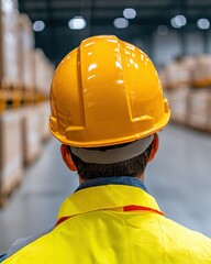 Worker in Yellow Safety Helmet Looking at Warehouse Shelves Filled with Boxes in Industrial Setting