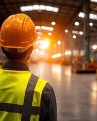 Man in Yellow Safety Vest and Helmet Observing Bright Lighting in Industrial Warehouse During Sunset