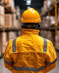 Safety Worker in Yellow Jacket and Helmet Observing Stock in Warehouse Aisle