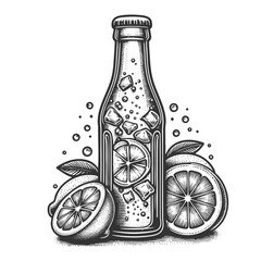 soda bottle surrounded by lemon slices and fizzy bubbles, evoking refreshing summer drink vibes sketch engraving generative ai vector illustration. Scratch board imitation. Black and white image.