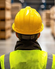 Construction Worker Wearing Yellow Hard Hat and Reflective Vest in Warehouse Environment