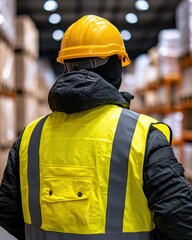 Industrial Worker in Yellow Safety Vest and Helmet Inside Warehouse with Stacked Boxes