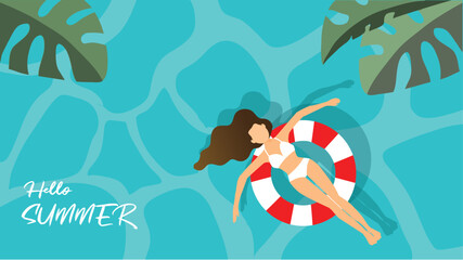 Hello! Summer banner vector illustration, young girl lying on rubber ring floating on water.