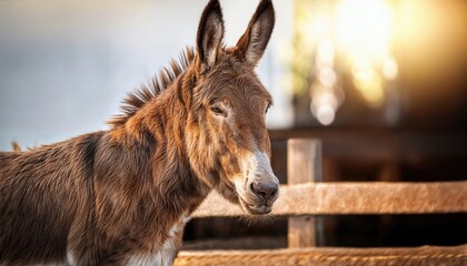 Brown donkey gazing pensively into the sunrise, encased within a rustic pen amidst golden hay bales, capturing the essence of quiet serenity and the beauty of natures soft morning light.
