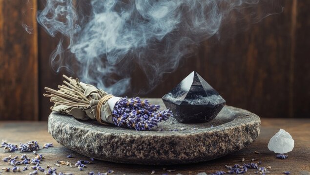 A black crystal sits on a stone slab next to lavender and smoke - Powered by Adobe