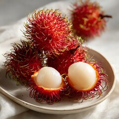 Fresh rambutan fruit on a plate.