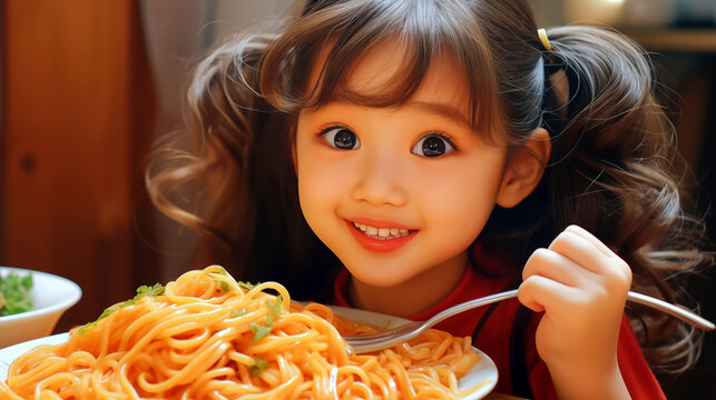 Happy Little Eater: A charming young girl, with twinkling eyes and a delightful smile, enjoys a plate of spaghetti. capturing the simple pleasure of a delicious meal.