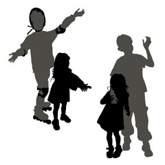 Vector silhouettes of children, boy and girl, boy on roller skates, kids standing next to each other, holding hands