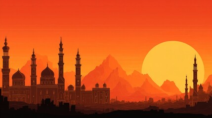 Pixelated Sunset Cityscape With Mosques And Mountains