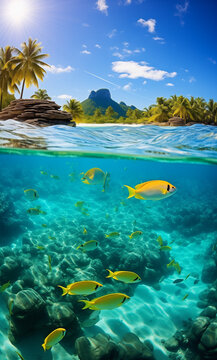 tropical paradise island with fishes and uder water world