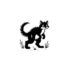 Whimsical black and white cartoon illustration of a charming cat character
