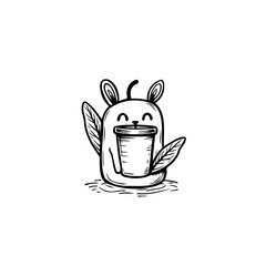 Adorable Illustration of a Cartoon Bunny with Coffee Cup and Leaves Accompanying