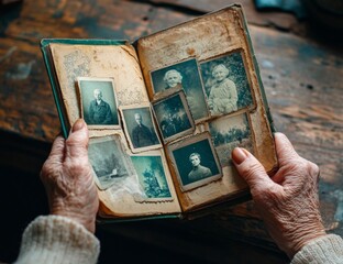 A woman is holding an open book with pictures of people in it