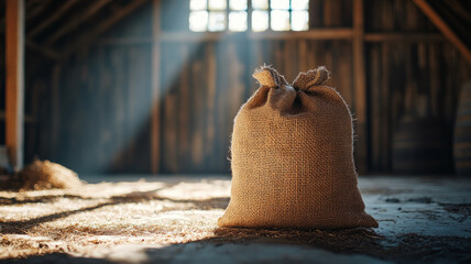 Burlap sack in rustic barn with sunlight filtering through.
