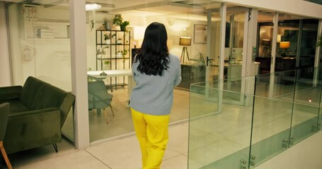 Office, night or employees with fist bump, greeting and dance with team, positive energy or good mood. Walk, high five and people in workplace lobby with motivation, friendship and fun in overtime