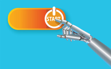  robotic arm looks like a human hand, cybernetic creature with artificial intelligence turn on  the start button. Concept of start up  and technology. vector,illustration