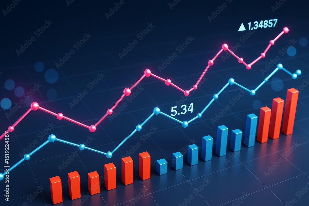 Poster Colorful business graph with bar and line charts on dark background showing financial growth and data analytics concept in abstract light style.