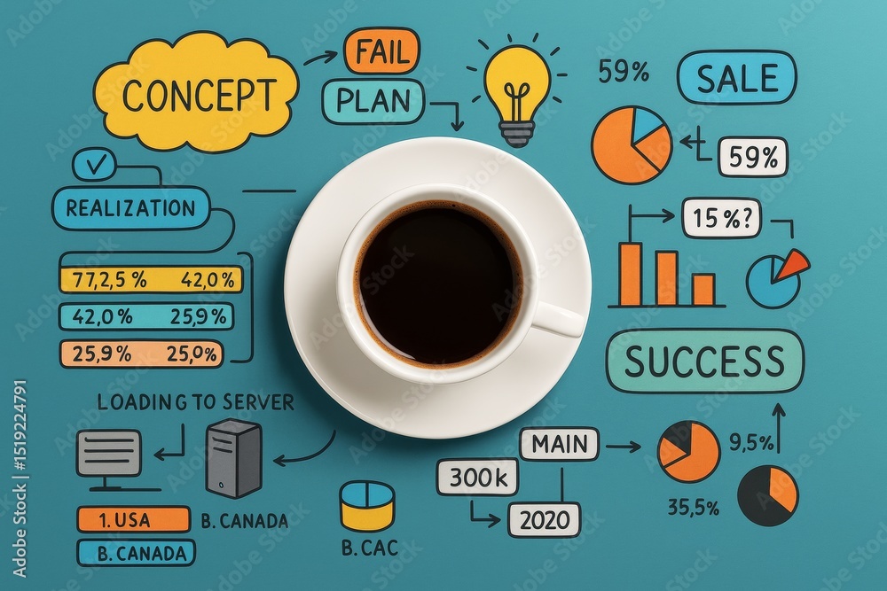 Poster coffee cup on colorful business concept infographic background with charts, graphs, and strategic pl