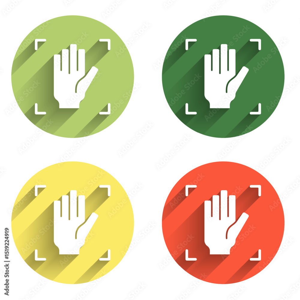 Aufkleber set palm print recognition icon isolated with long shadow background. biometric hand scan. fingerpri