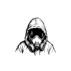 Monochrome illustration of a figure wearing a gas mask and hooded top design