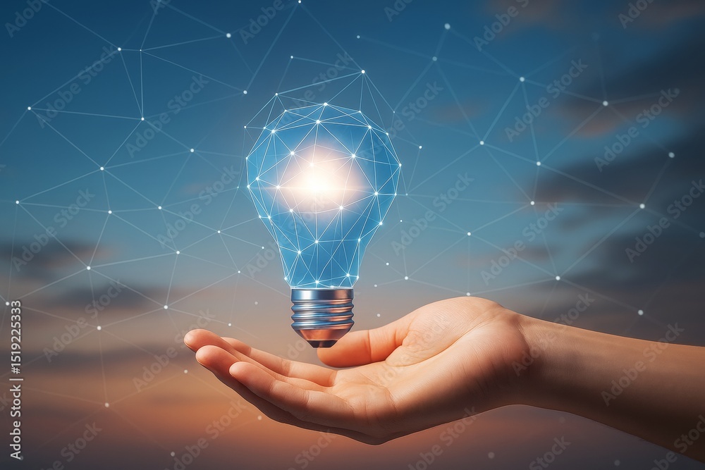Poster hand holding glowing polygonal light bulb with digital connections, symbolizing innovation and creat