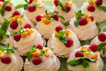 A lot of cupcakes,meringues with filling and decorated with raspberries,mini pavlova cakes with whipped cream and fresh fruits,mini dessert.