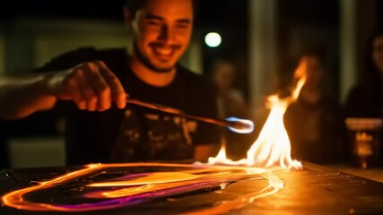 Enthusiastic performer creating vibrant fire art at an outdoor event, with captivated audience in background