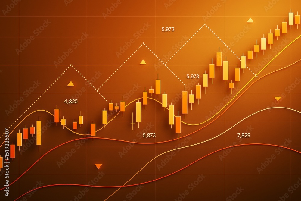 Aufkleber Orange financial stock chart with candlestick patterns and trend lines on gradient background illustrating market growth and data analysis concept.