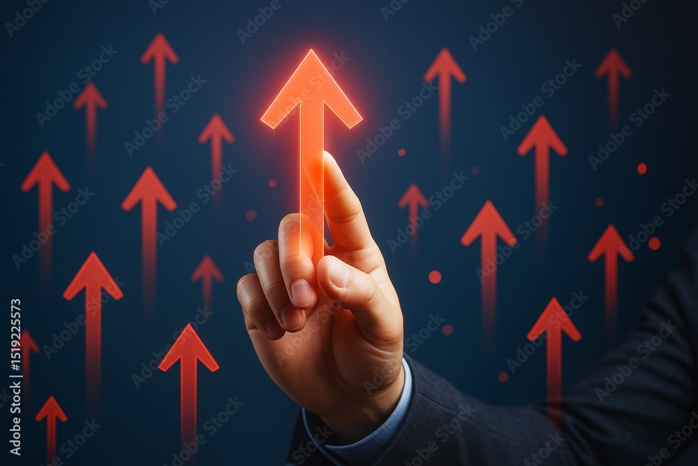 Poster Businessman touching glowing red upward arrow symbolizing growth and success on dark background with multiple arrows around. Ai generative.