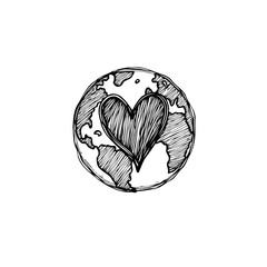 World Heart: Black and White Illustration of Earth with a Heart Symbol