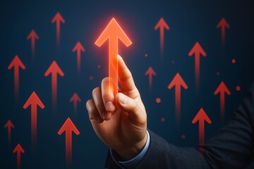 Businessman touching glowing red upward arrow symbolizing growth and success on dark background with multiple arrows around. Ai generative.