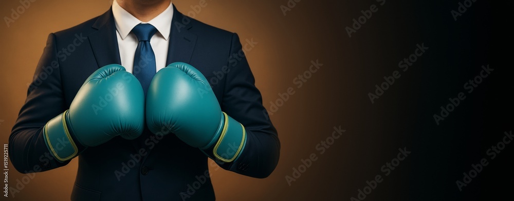 Poster businessman in suit wearing teal boxing gloves against gradient background, symbolizing competition 