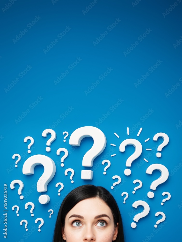 Poster Woman looking up at floating question marks on blue background with space for text or design concept for confusion or curiosity in business.