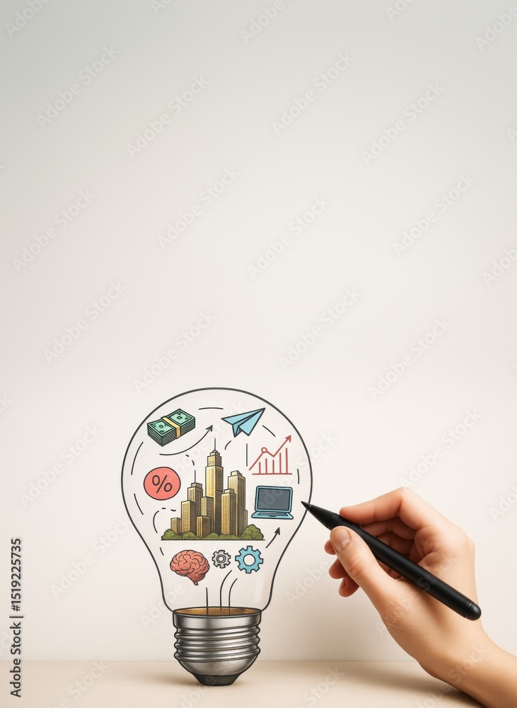 Poster creative hand drawing business idea symbols inside light bulb concept on clean background with copy 