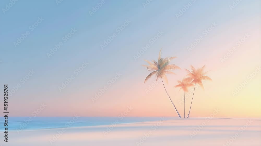 Aufkleber 穏やかな海と砂浜に立つヤシの木 夕焼け空の下でトロピカルなバケーションの背景 美しい海岸線の風景写真