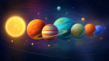 Naklejka premium Vibrant Solar System A Colorful Illustration of Planets and Celestial Bodies