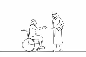 Obraz na płótnie Canvas Single continuous line drawing disabled Arabian businessman in wheelchair shaking hand with business partner. Disability manager dialogue with business colleague. One line draw graphic design vector