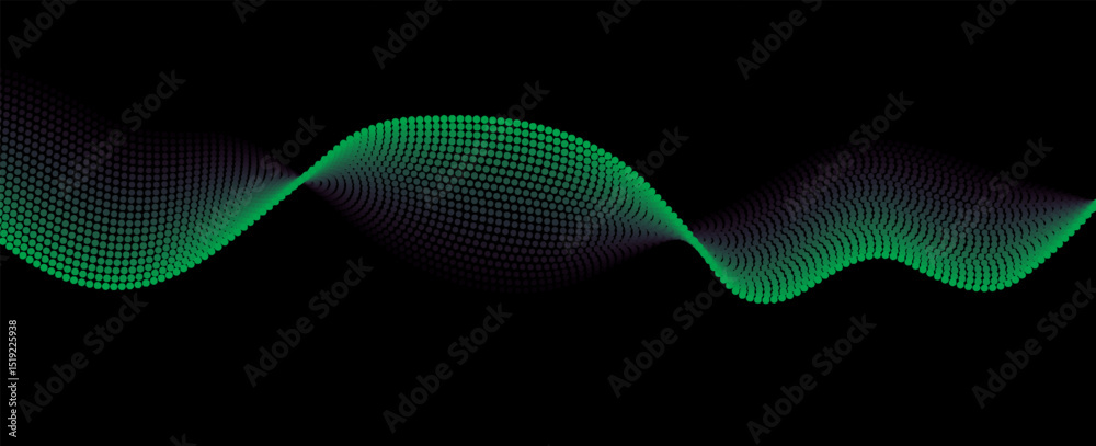 Poster flowing dots particles wave pattern green isolated on black background. vector in concept of technol