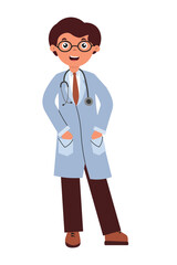 Fototapeta premium Doctor character in a blue lab coat with a stethoscope standing cheerfully in a playful style. Vector illustration in flat style isolated on white background.