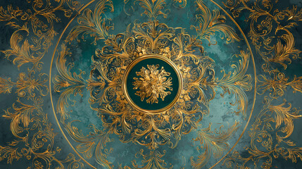 Obraz premium wall art for vintage interior design | decorative mythology | ethereal reverence | bronze and teal | ornamental hierarchy | circular halos | floral halo framing | gold ink overlay | aestheticism in